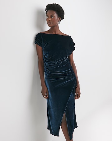 Velvet Asymmetric Neckline Midi Dress