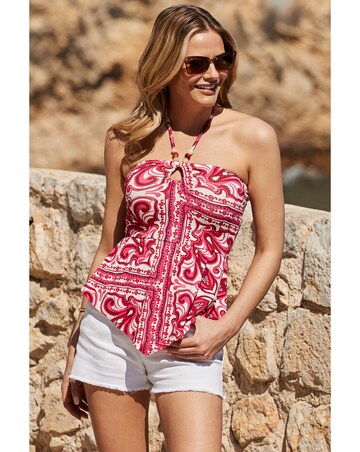 Sosandar Pink Scarf Print Beaded Strap Detail Halter Neck Jersey Top