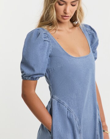 Mid Blue Denim Puff Sleeve Dress