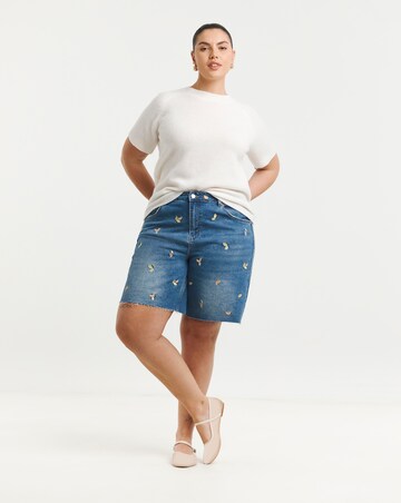 Mid Blue Fruit Embroidered Denim Bermuda Short