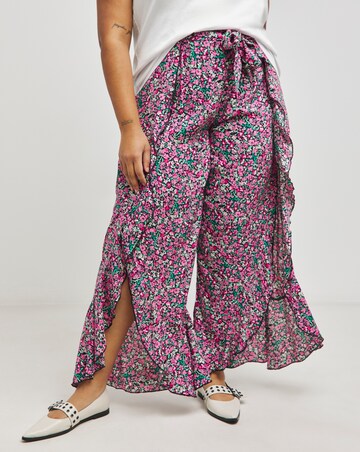 Ditsy Print Tie Ruffle Front Split Trousers