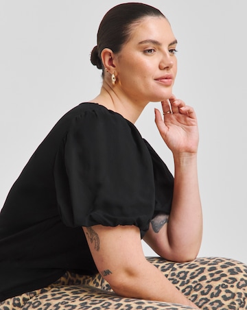 Simply Be Black Square Neck Puff Sleeve Rib T-Shirt