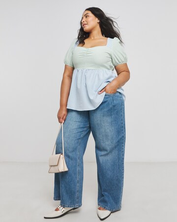 Mixed Gingham Ruched Front Smock Top with Bow Back Detail