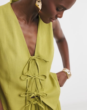 Green Tie Front Linen Mix Waistcoat