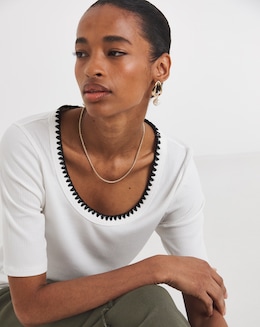 Cream Scoop Neck Contrast Stitch Top