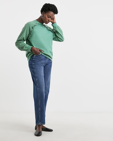 Pure Cotton Teal Broderie Sleeve Frill Detail Sweat