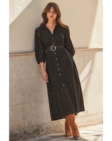 Sosandar Black Broderie Detail Midi Shirt Dress