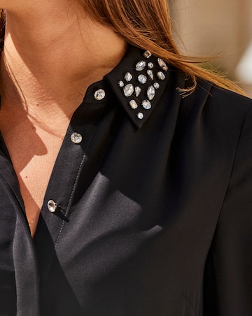 Sosandar Black One Shoulder Feather Trim Top