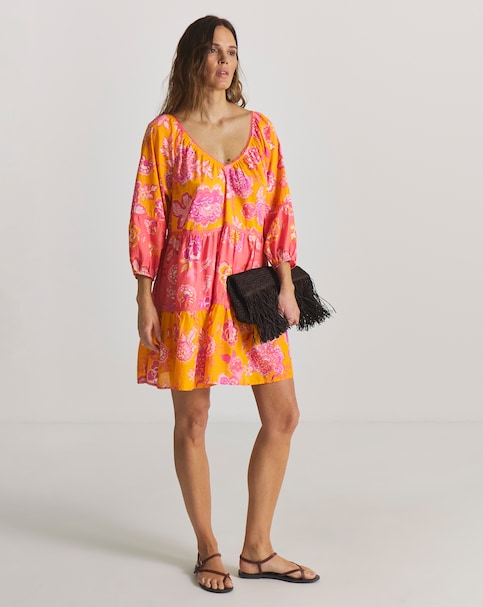 Figleaves Cotton Contrast Floral Tiered Mini Beach Dress