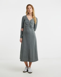 Zip Front Ruched Long Sleeve Dress