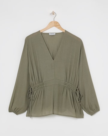 Simply Be Khaki Plunge Elasticted Waist Long Sleeve Blouse