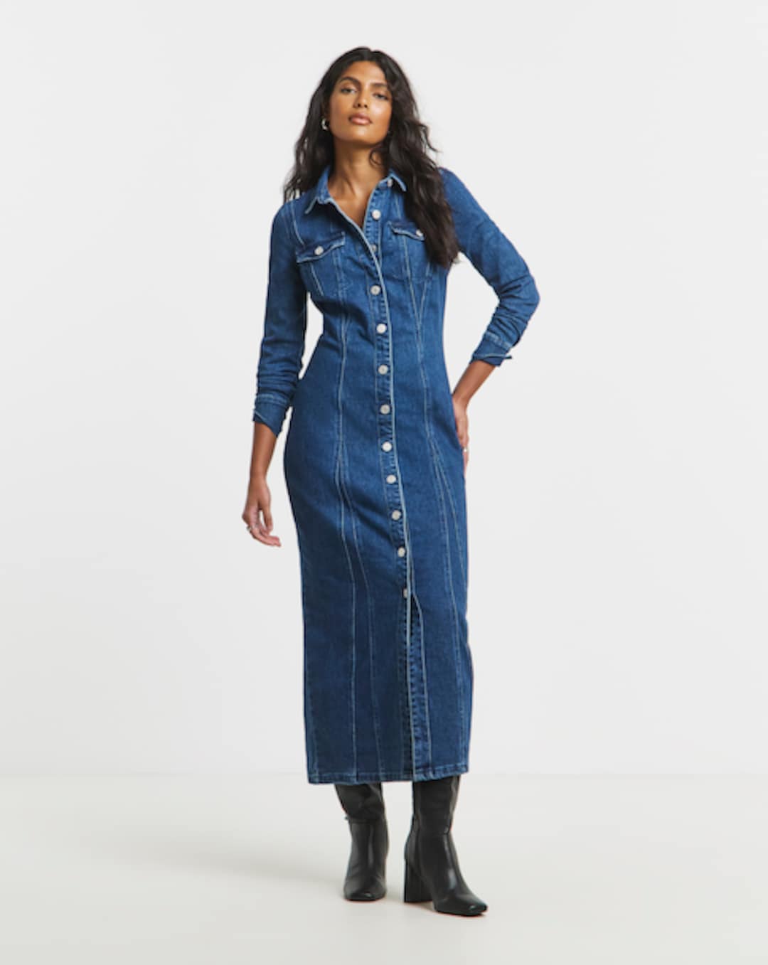 knee length dresses for ladies Denim Lea Shirt Dress Solid Blue