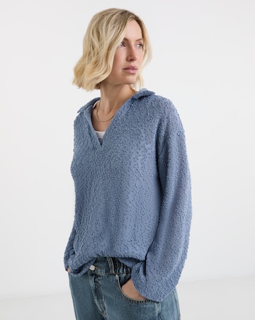 Boucle V-Neck Collared Long Sleeve Top