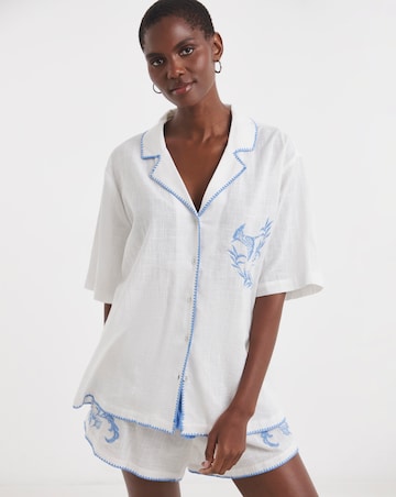 Figleaves Embroidered Cotton Pyjama Shortie Set