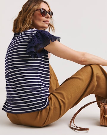Plisse & Broderie Sleeve V Neck Top