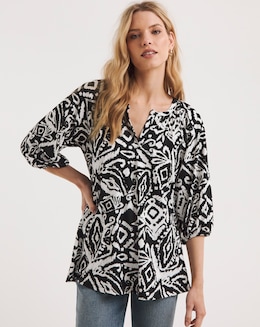 Abstract Print Volume Sleeve V-Neck Jersey Swing Top