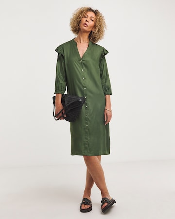 Green Viscose Twill Frill Shoulder Shirt Dress