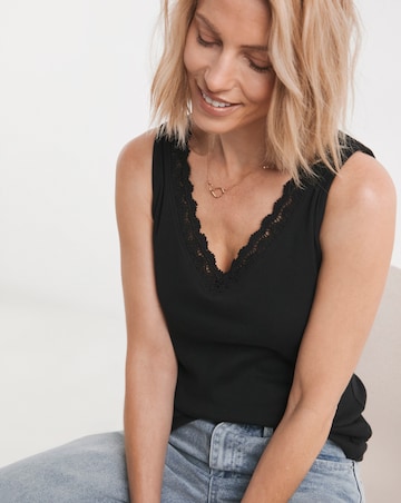 Pure Cotton Black V-Neck Lace Trim Vest