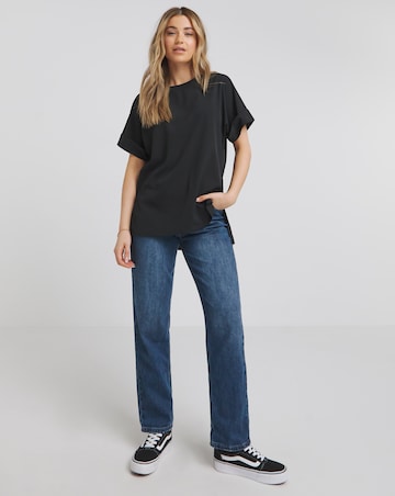 Black Roll Sleeve Dip Back Boxy Blouse
