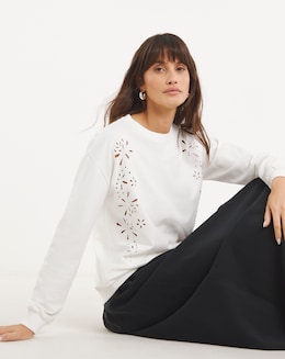 Pure Cotton Crew Neck Cutwork Long Sleeve Sweatshirt