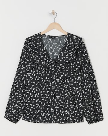 Womens Collar Detail Frill Button Through Blouse - Black Floral