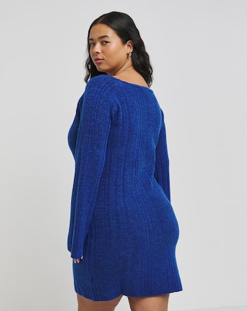Blue Rib Slash Neck Knitted Mini Dress