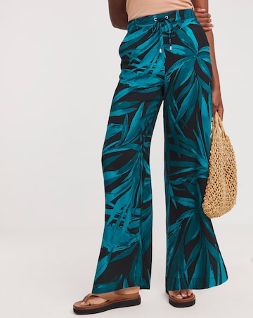 Black Palm Printed Spun Viscose Pull On Wide Leg Trousers