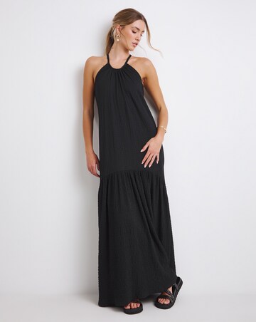 Black Textured Jersey Drop Waist Maxi Dress