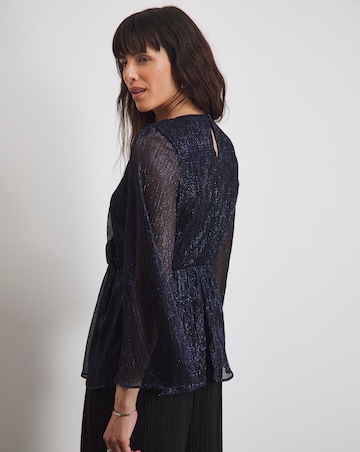 Joanna Hope Fluted Sleeve Metallic Plisse Wrap Blouse