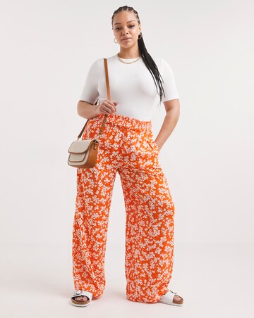 Orange Floral Print Lightweight Woven Shirred Waist Wide Leg Trouser