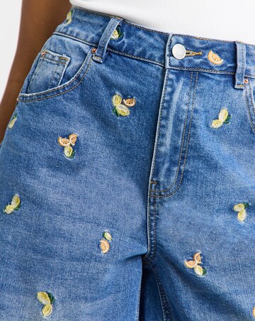 Mid Blue Fruit Embroidered Denim Bermuda Short