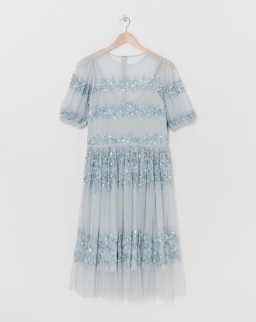 Maya Curve Puff Sleeve Stripe Sequin Embellished Tulle Midi Dress