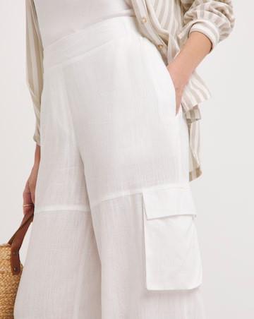 White Linen Wide Leg Utility Trousers