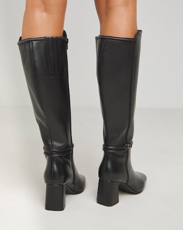 Lainey Leather Knee High Heeled Boots with Trim Wide E Fit Super Curvy Calf