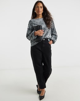 Velvet Sequin Slash Neck Volume Sleeve Top