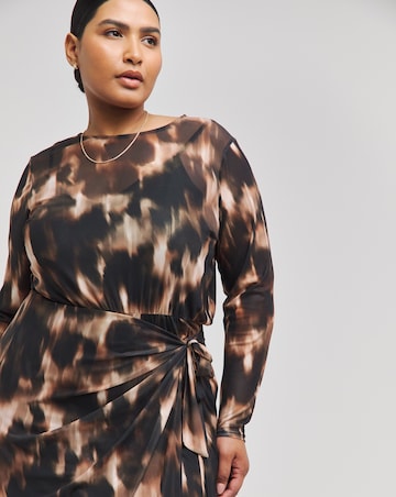 Brown Blur Print Wrap Front Mesh Midi Dress