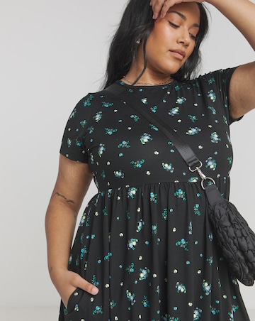 Black Ditsy Supersoft Midi Dress With Pockets