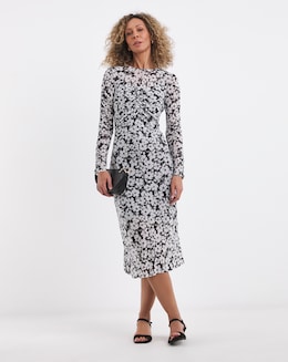 Printed Mesh Ruched Midi Dress