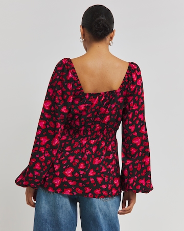 Pink Animal Print Square Neck Peplum Blouse With Elasticated Waist