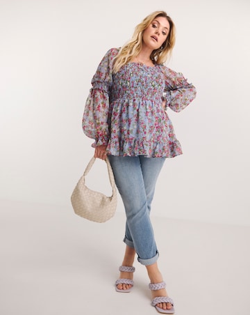 Floral Print Shirred Square Neck Peplum Blouse with Sleeve Detail