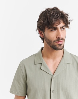 Seersucker Revere Collar Jersey Shirt- Khaki