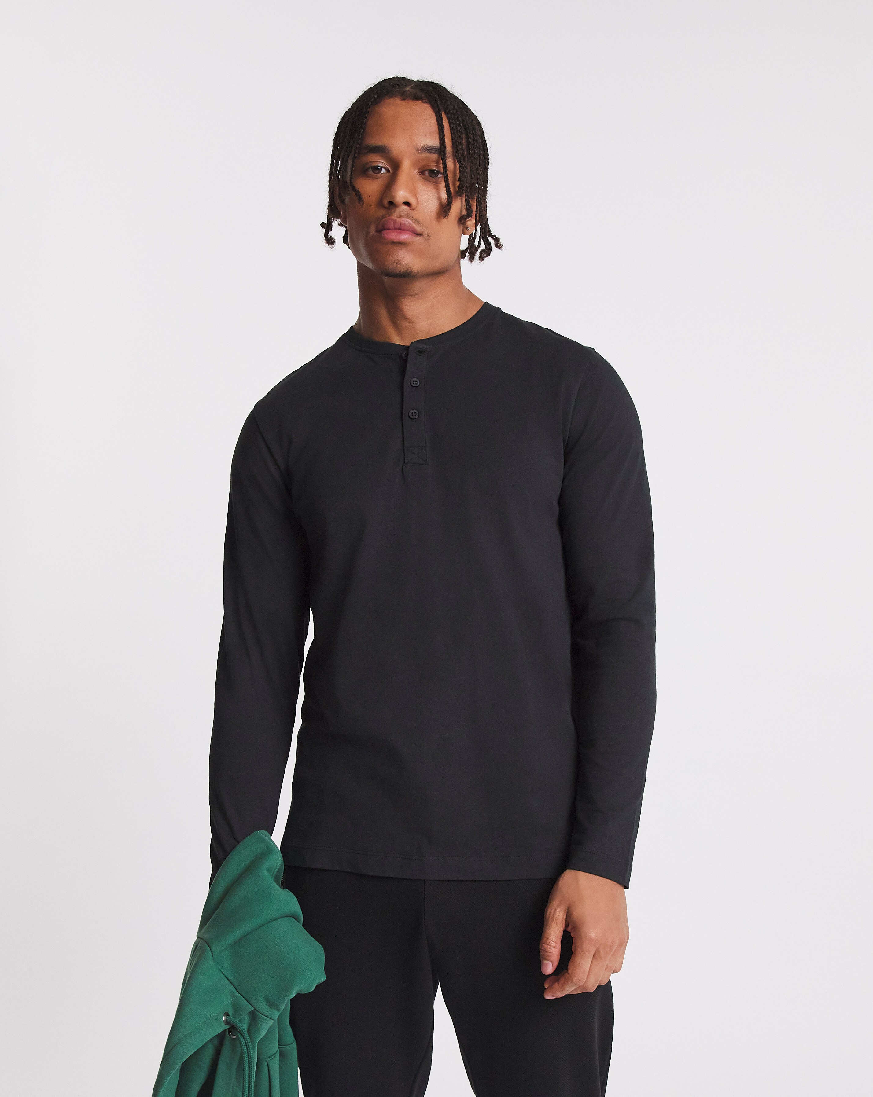 Long Sleeve Grandad T-Shirt Long Length- Black | Ambrose Wilson