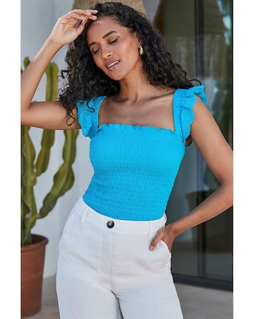 Sosandar Turquoise Shirred Detail Broderie Sleeve Cotton Top