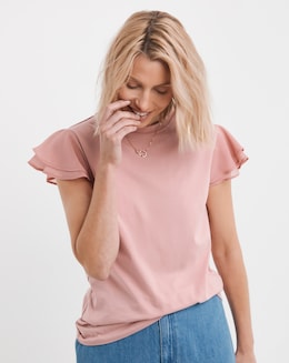 Pure Cotton Blush Crew Neck Chiffon Sleeve Top