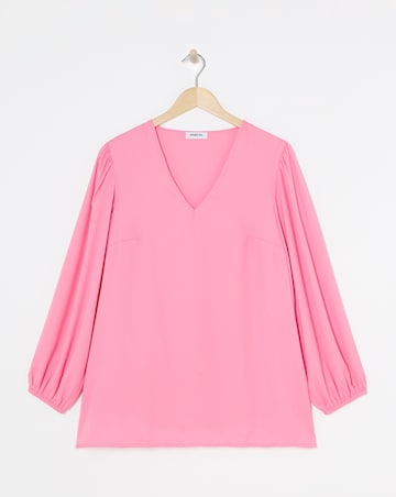 Pink Long Sleeve V Neck Woven Boxy Blouse