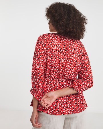 Red Print Shirred Bodice V Neck Top