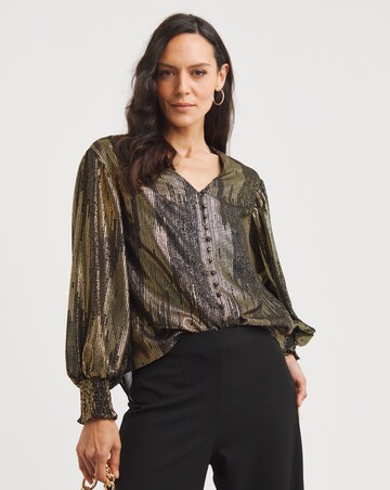 Metallic Button Through Dip Back Blouse