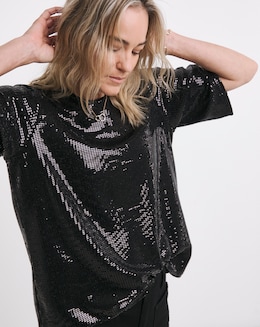 Black Sequin Crew Neck Boxy T-Shirt