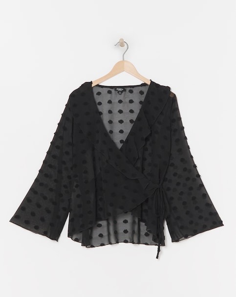 Black Oversized Dobby Wrap Long Sleeve Blouse