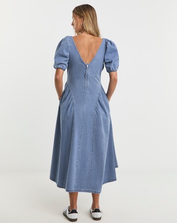 Mid Blue Denim Puff Sleeve Dress